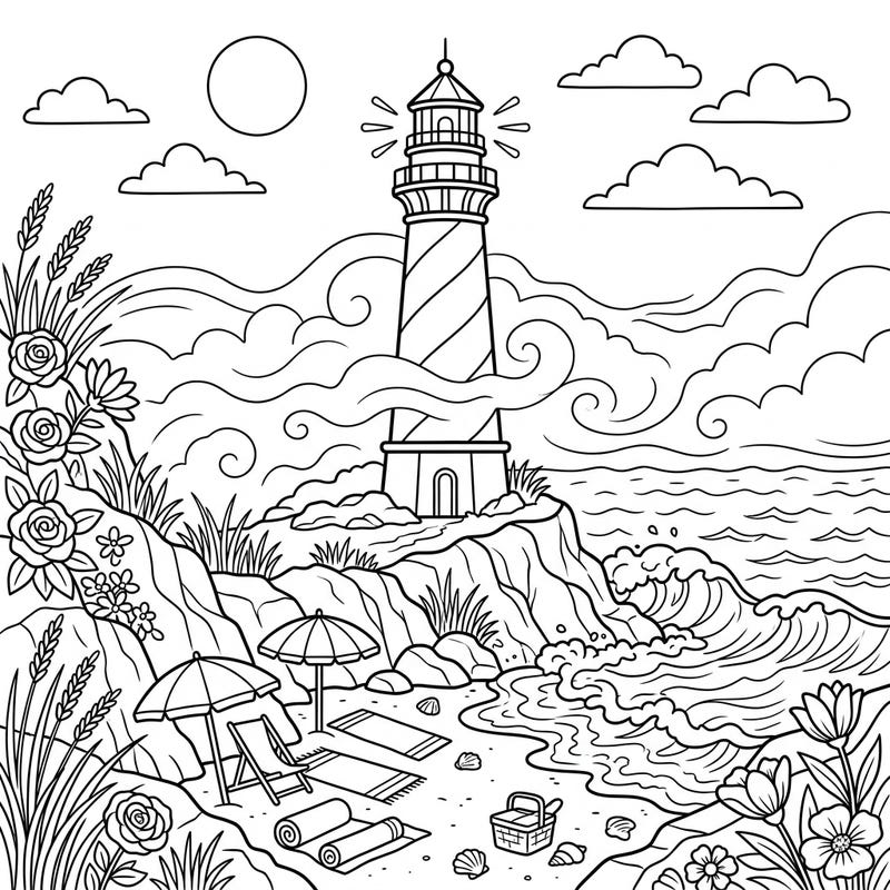 Escape to a sunny summer beach with this delightful coloring page featuring a majestic lighthouse. Relax as you bring vibrant life to ocean waves, sandy shores, and cozy beach setups.