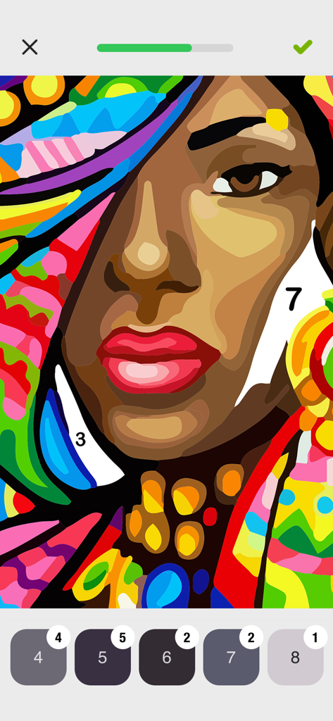 Un portrait de femme en cours de coloriage à l'aide de la fonction de coloriage par numéro dans l'interface de l'application Creatify.