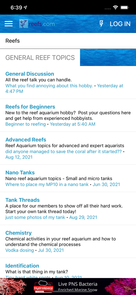 Reefs - Mobile screen of the Reefs app displaying general reef aquarium forum topics and discussion categories.