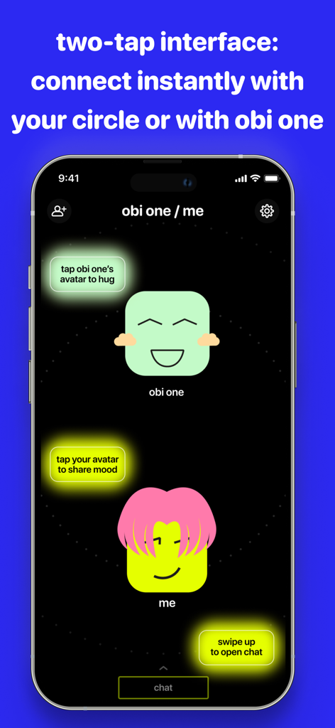 Captura de pantalla de la aplicación Obimy que muestra la interfaz de dos toques con avatares personalizables para compartir estados de ánimo e interactuar con el compañero de IA Obi One.
