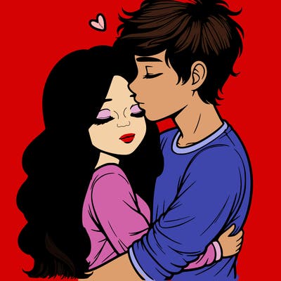 a realistic couple boy and girl hugging and kissing