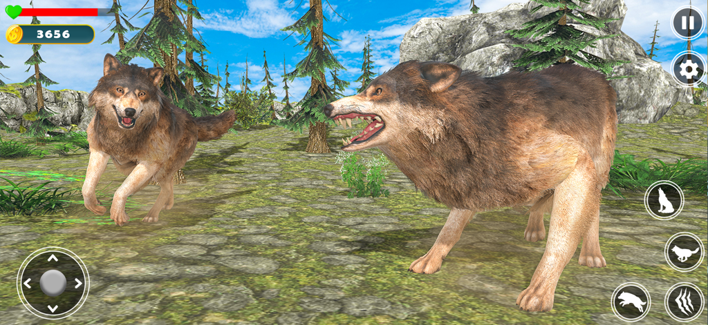 Wolf Simulator Jungle 3D Game - Wolf Simulator Jungle 3D 게임 모바일 인터페이스의 3D 숲에 있는 두 마리의 늑대