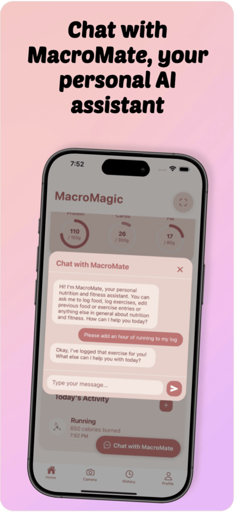 Calories AI: MacroMagic - A mobile app interface showing a chat window with MacroMate, a personal AI assistant used to log exercise and nutrition through conversation.