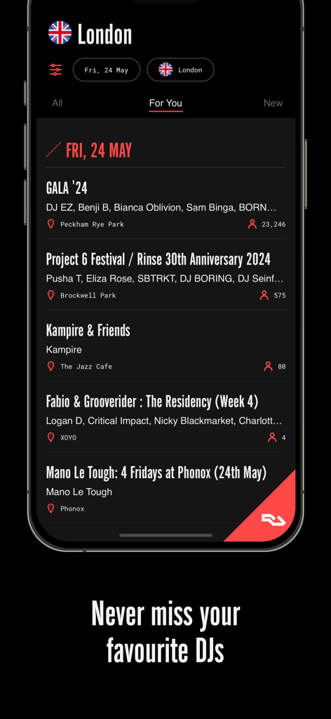 Screenshot of the RA Guide app showing a personalized list of electronic music events and DJs in London