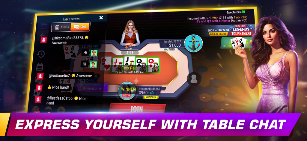 Pantalla del juego Teen Patti Royale que muestra la función de chat en vivo de la mesa y una mano de cartas ganadora.