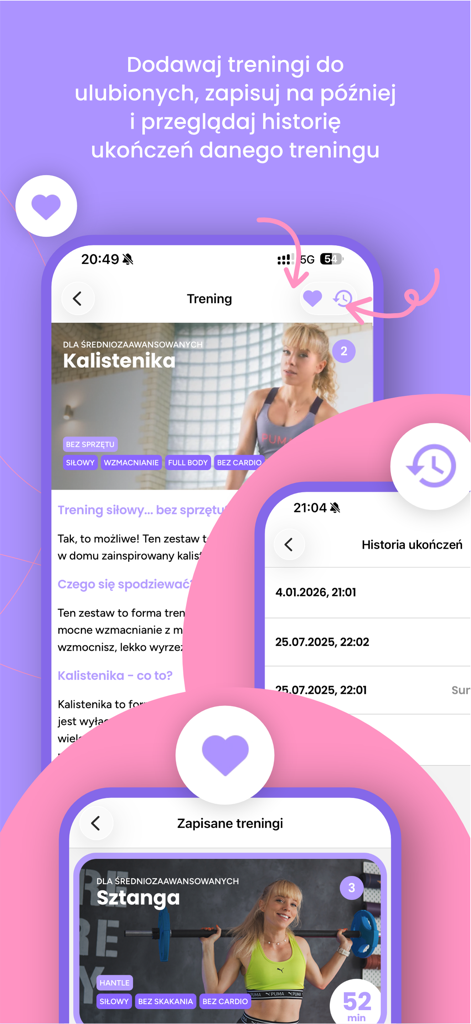 Codziennie Fit app screen showing workout favorites and training history tracking