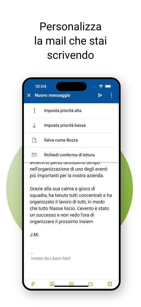 Pantalla de la app Libero Mail que muestra opciones para establecer la prioridad del correo y solicitar acuses de recibo durante la redacción de mensajes