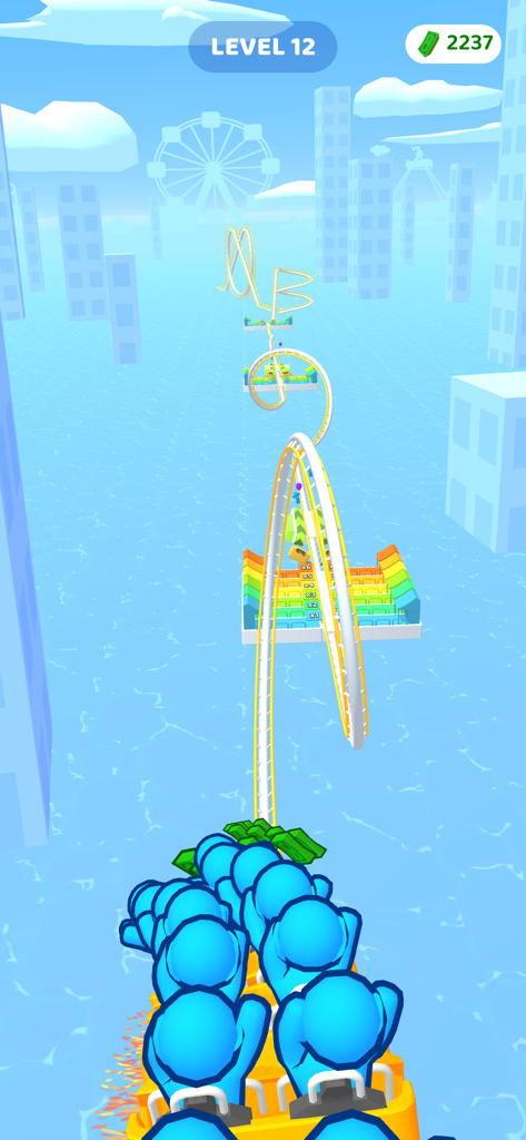 A gameplay screenshot of Runner Coaster showing a yellow cart filled with blue passengers on a looping track with a city skyline and Ferris wheel in the background.