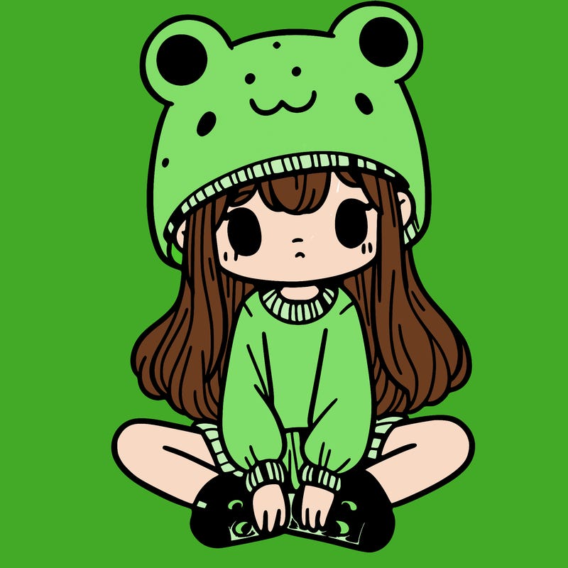 a girl wearing a frog hat and some frog socks
