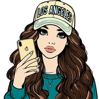 realistic beautiful girl wearing los ángeles cap holding an iphone