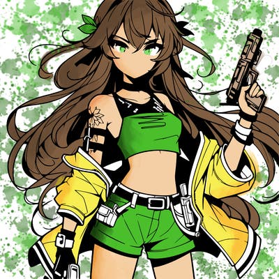 bad girl wearing crop top holding a gun long hair anime