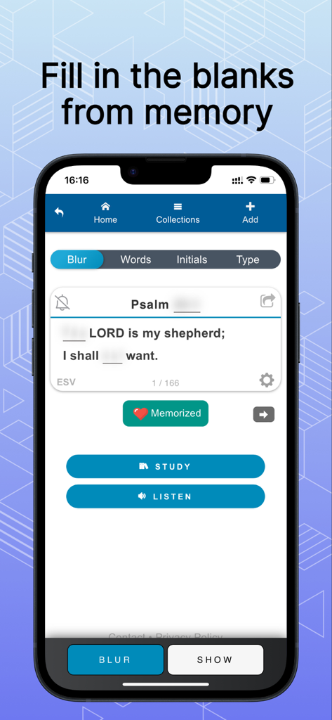 VerseLocker app showing a Bible verse memorization activity with fill in the blanks mode for Psalm 23.