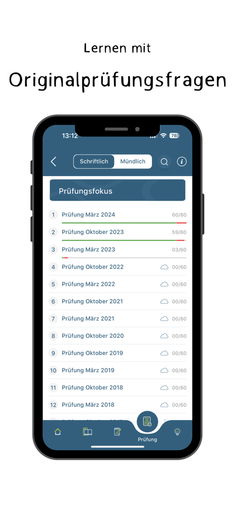 ikreawi 2.0 - Smartphone screen showing a list of previous naturopathic exam questions and study progress in the ikreawi app