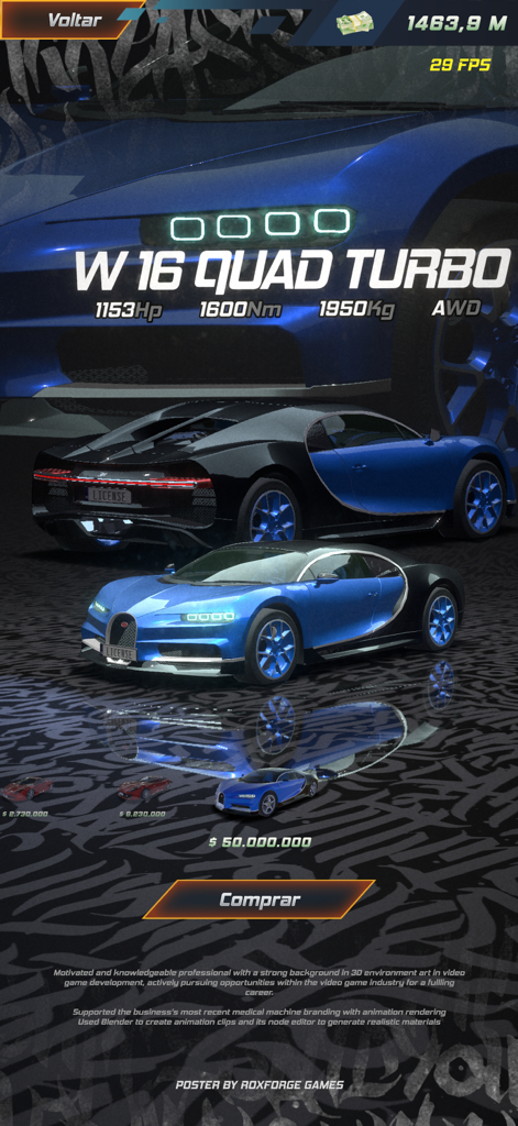 Project Xtreme - Menú de selección de coches de Project Xtreme con un superdeportivo azul, sus especificaciones de rendimiento y precio de compra.