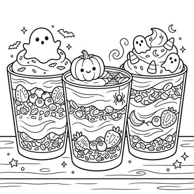 Celebrate Halloween with a delightful and delicious twist! This charming coloring page features three layered yogurt parfaits, each adorned with adorable spooky elements like friendly ghosts, cute pumpkins, and tiny bats, ready for your creative touch.