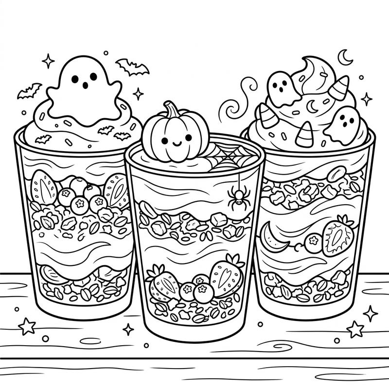 Celebrate Halloween with a delightful and delicious twist! This charming coloring page features three layered yogurt parfaits, each adorned with adorable spooky elements like friendly ghosts, cute pumpkins, and tiny bats, ready for your creative touch.