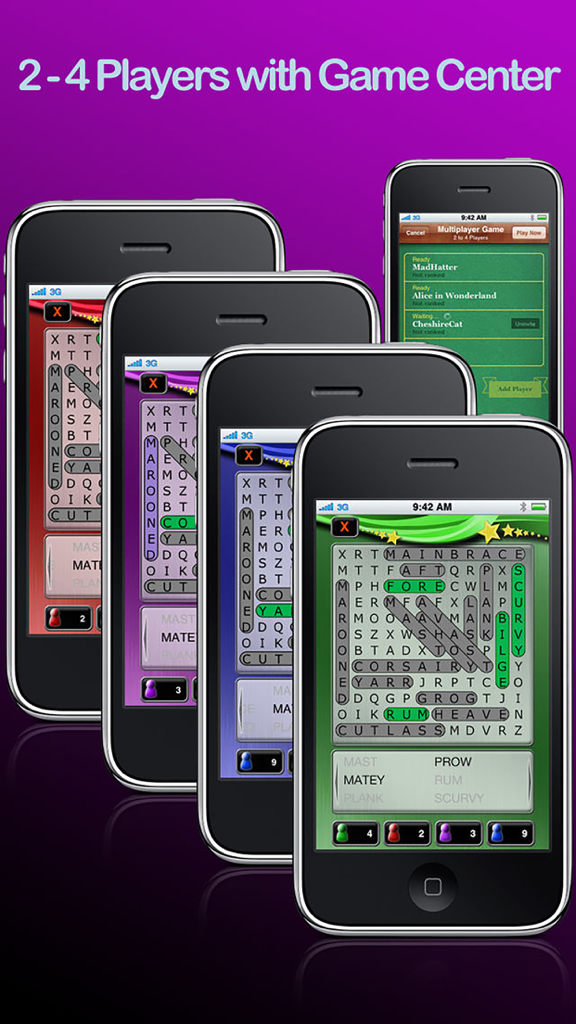 Word Search Party - Multiplayer word search game screen on multiple iPhones