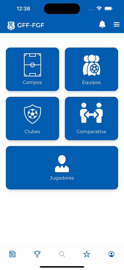 FGF GFF - Menú principal de la aplicación de fútbol FGF GFF con botones de categoría para equipos, jugadores y clubes