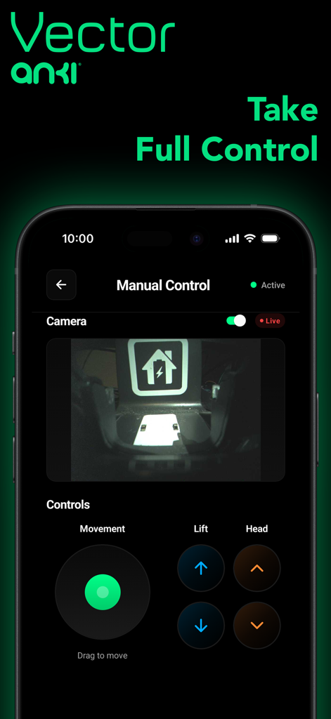 Vector Companion Robot - Vector Companion Robot app interface showing manual control buttons and live camera view