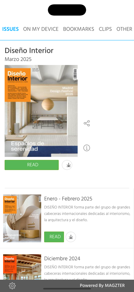 Diseño Interior - Interfaz de la aplicación Diseño Interior mostrando una lista de números de revistas digitales disponibles para leer.