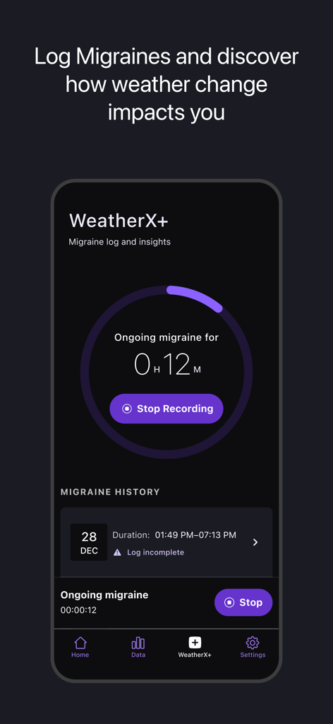 WeatherX app screen for logging an ongoing migraine and viewing headache history.