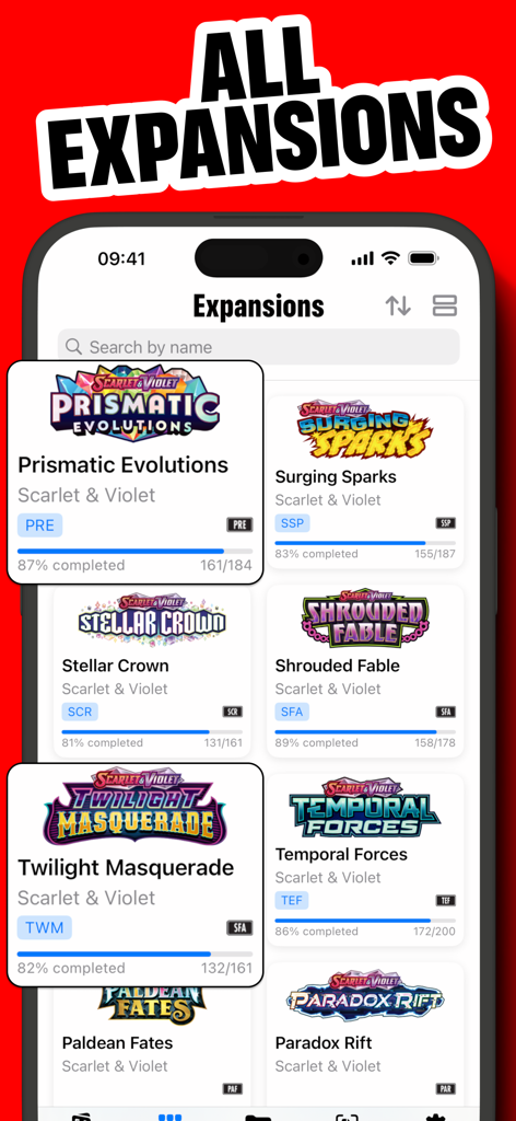 MyDex TCG Cards - App interface displaying various Pokemon TCG expansion sets with progress bars showing completion percentage