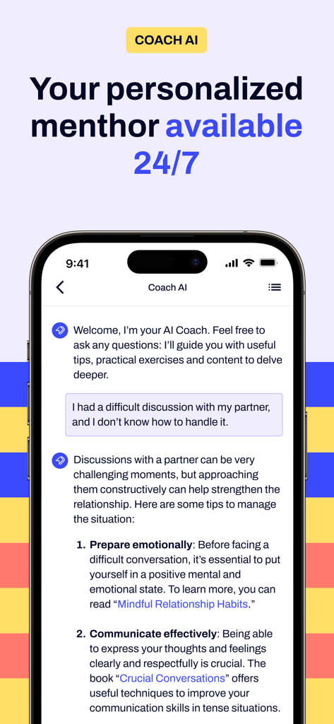 4books App-Oberfläche, die den KI-Coach zeigt, der persönliche Mentoring- und Buchempfehlungen gibt.