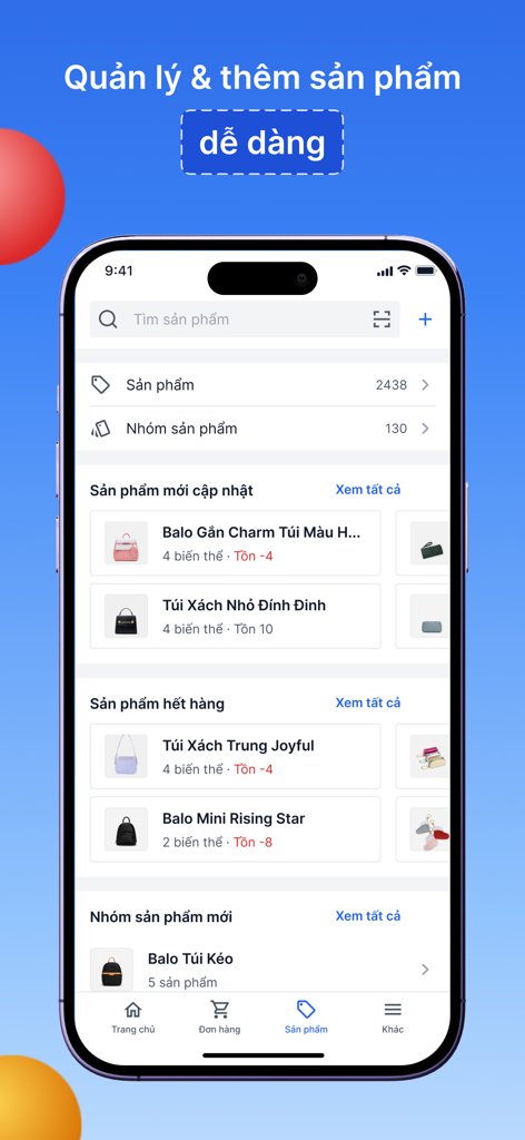 Haravan - Haravan mobile app interface showing product management and inventory tracking dashboard