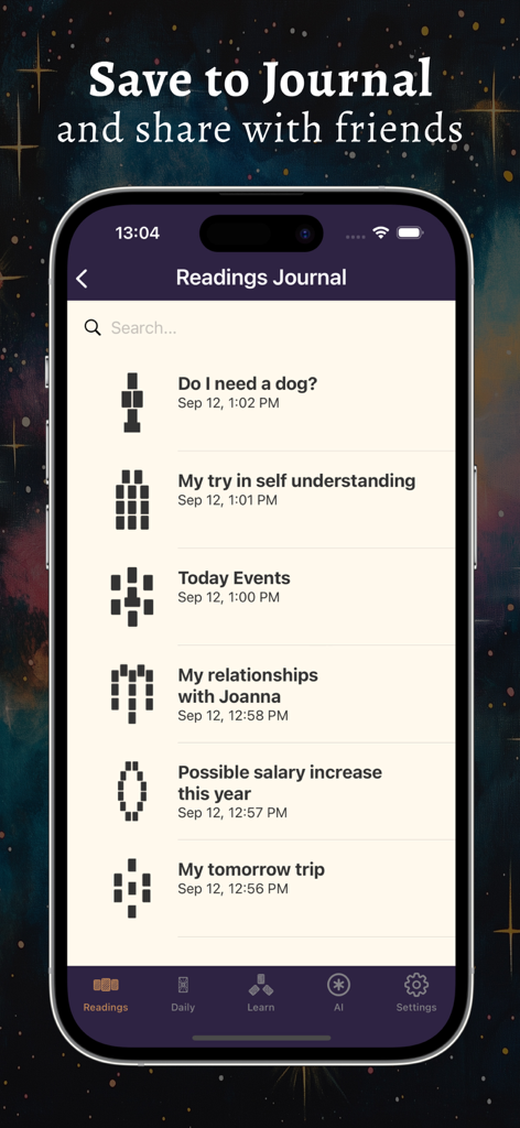 Tarot & Runes: Daily Readings - Interfaz del Diario de Lecturas en la aplicación Tarot y Runes mostrando una lista de lecturas personales y tiradas guardadas.