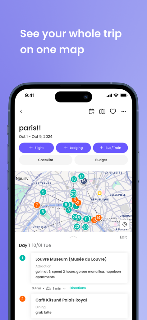 Ellipsis Travel - Interface de l'application Ellipsis Travel montrant un itinéraire de voyage à Paris avec une carte et un programme quotidien