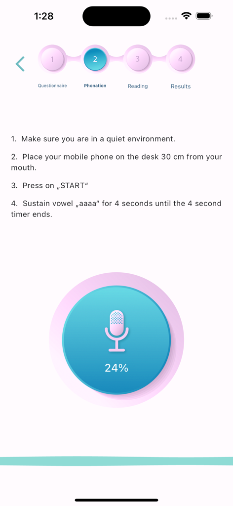 VoiceScreen+ - A screenshot of the VoiceScreen plus app showing the phonation test step with voice recording instructions and a progress indicator