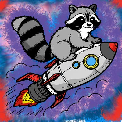 realistic raccoon flying on top rocket ship