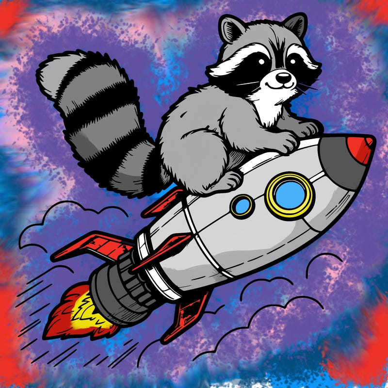 realistic raccoon flying on top rocket ship
