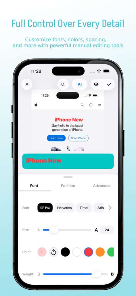 EditShot – Photo Text Editor - Interface of EditShot app showing font color and size customization tools for text in a photo