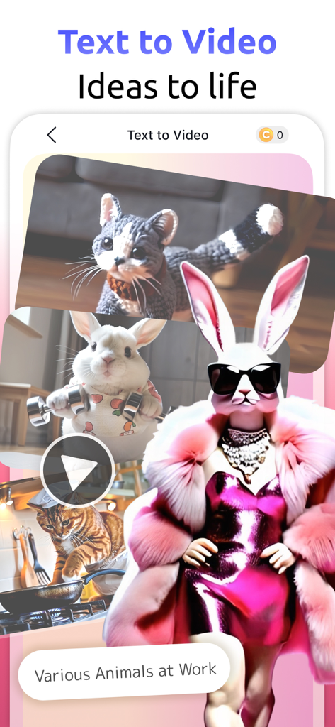 YouCam AI Pro App-Oberfläche, die die Text-zu-Video-Generierung mit einem stilvollen Hasen und Tieren bei verschiedenen Aktivitäten zeigt.