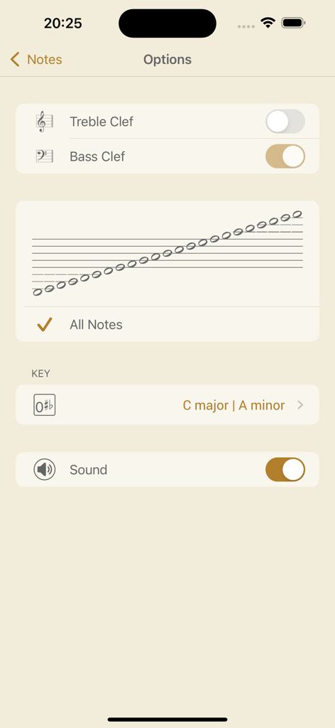 Music Buddy Lite – Learn notes - Pantalla de opciones para el módulo de notas en la aplicación Music Buddy Lite mostrando la clave y la configuración de sonido