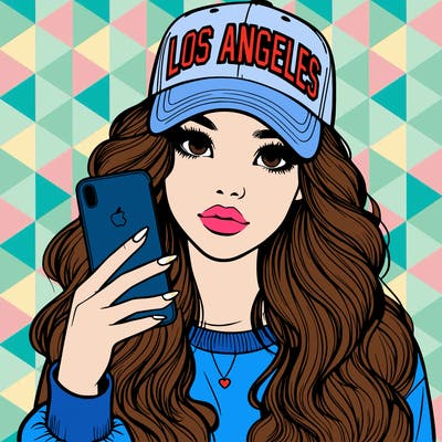 realistic beautiful girl wearing los ángeles cap holding an iphone