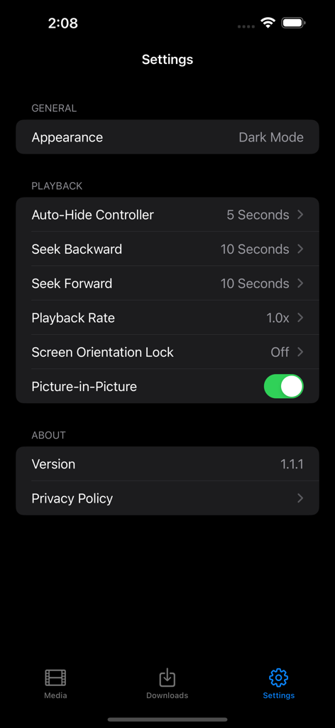 PlaynPlay - Settings menu of PlaynPlay app displaying playback and appearance options.