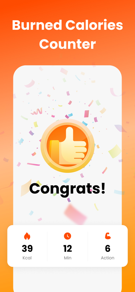EasyFit - Female Workout - EasyFit app screen displaying a burned calories counter with a thumbs up icon and confetti celebrating a completed workout