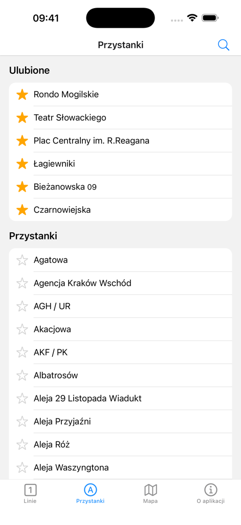 Interface showing favorite and nearby public transport stops in the Odjazdowy Krakow app