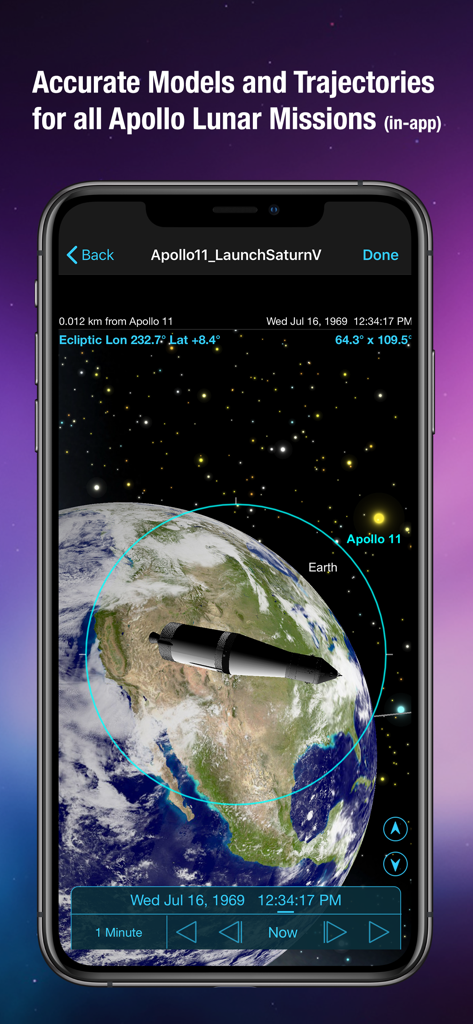 SkySafari 6 Pro app interface showing a 3D simulation of the Apollo 11 spacecraft trajectory around Earth