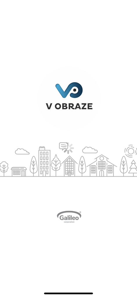 V OBRAZE app splash screen with logo and suburban town line art illustration