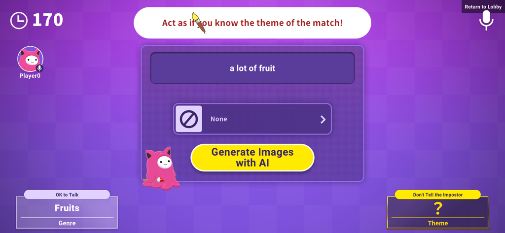 Pantalla del juego AI Art Impostor donde un jugador introduce un texto para generar imágenes usando IA