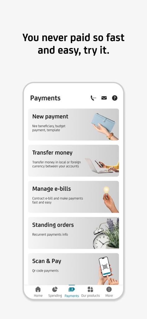 m-ba - The payments menu of the m-ba mobile banking app showing options for new payments, transfers, and e-bills.