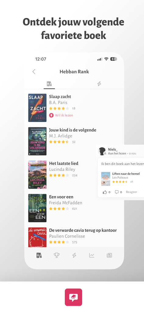 Hebban Boekenapp - Hebban app interface showing a ranked list of popular books with user ratings and social reading updates