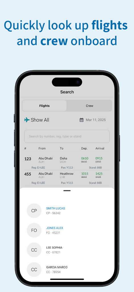 Wingman: Crew Roster - Smartphone screen displaying flight details and a crew list for airline professionals
