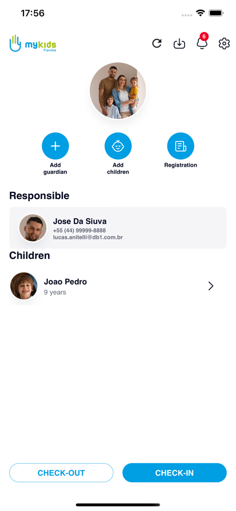 Dashboard of the My Kids Family app showing family management and check-in options