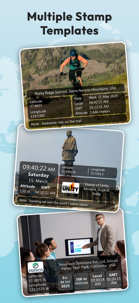 Multiple customizable GPS timestamp templates showing location and date on photos