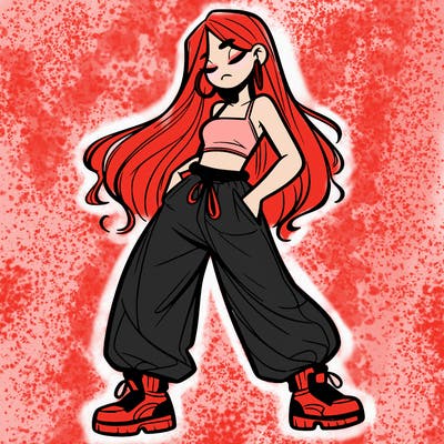 girl in baggy pants crop top and long hair