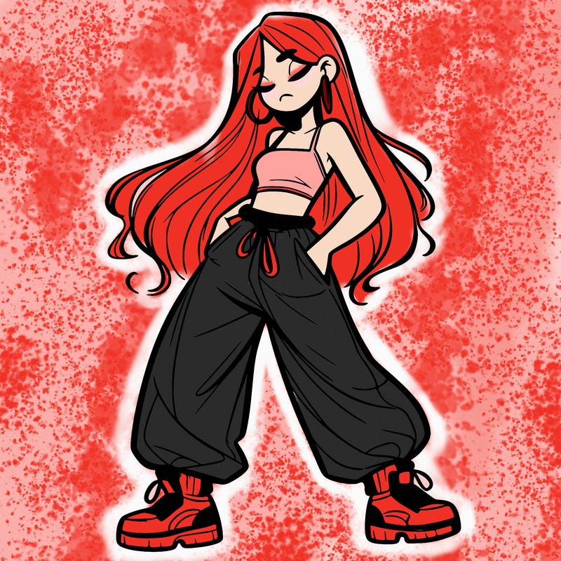 girl in baggy pants crop top and long hair